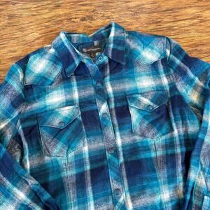 44 Degrees North Teal Navy Blue Plaid Flannel Western Snap Shirt Large NWT